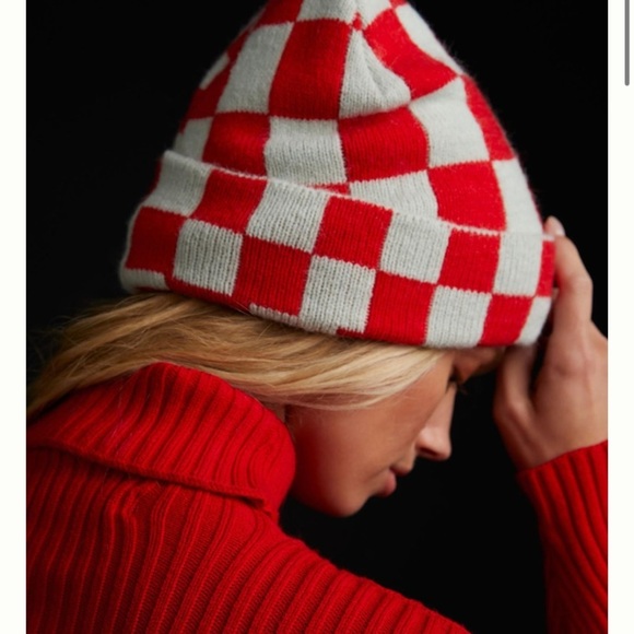 Anthropologie checkered beanie hat red mint new wtags one size main image 6